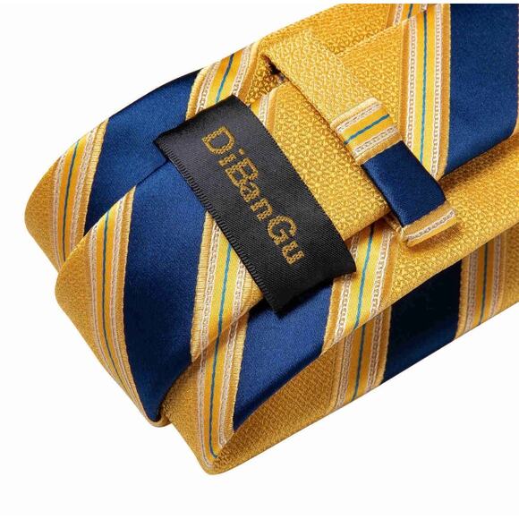 DiBanGu Gold Navy Blue Striped Tie Set with Cufflinks & Pocket Square Gift Box - Picture 4 of 8